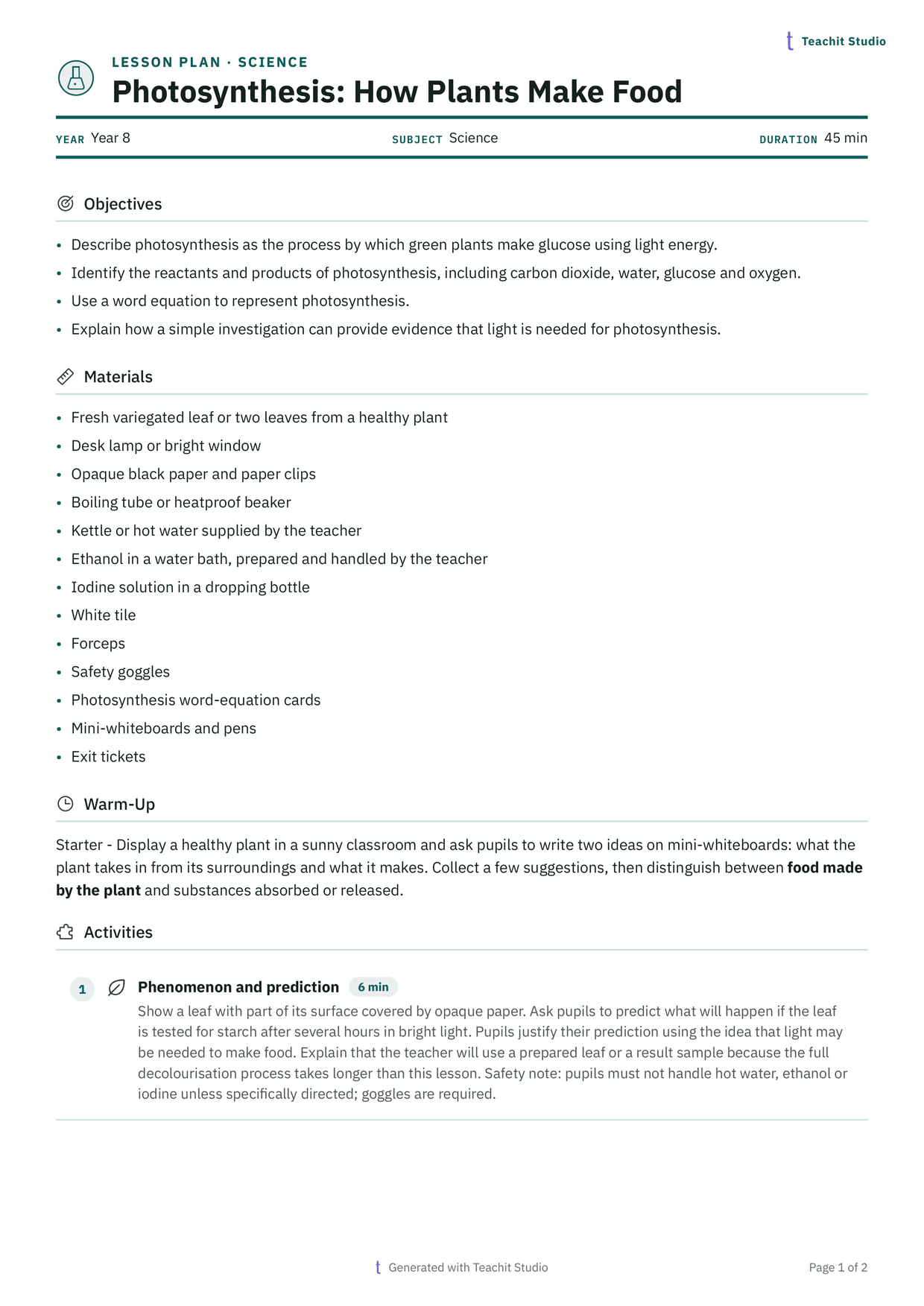 Page one of a Year 8 photosynthesis lesson plan: a teal rule under the year, subject and duration, then four objectives and a materials list naming iodine solution, ethanol and safety goggles.