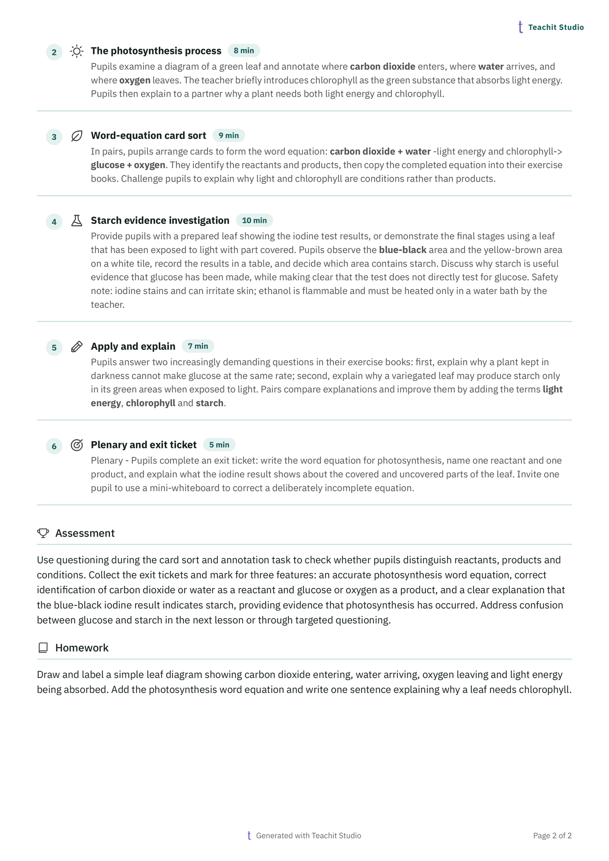 Page two of the Year 8 lesson plan: six numbered activities, each with a teal minute badge and a paragraph of instructions, followed by assessment and homework.