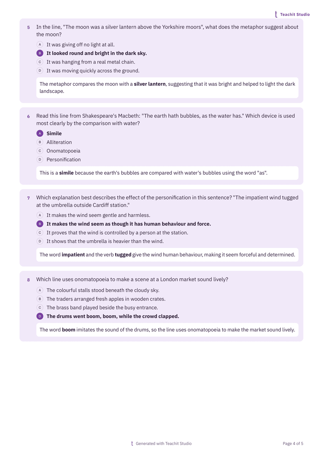 The teacher copy of the Year 7 quiz: four questions each on a tinted lavender card with the correct option filled in solid purple and a short explanation below, among them a simile Shakespeare gives Macbeth - "the earth hath bubbles, as the water has" - and drums that "went boom, boom" at a London market.