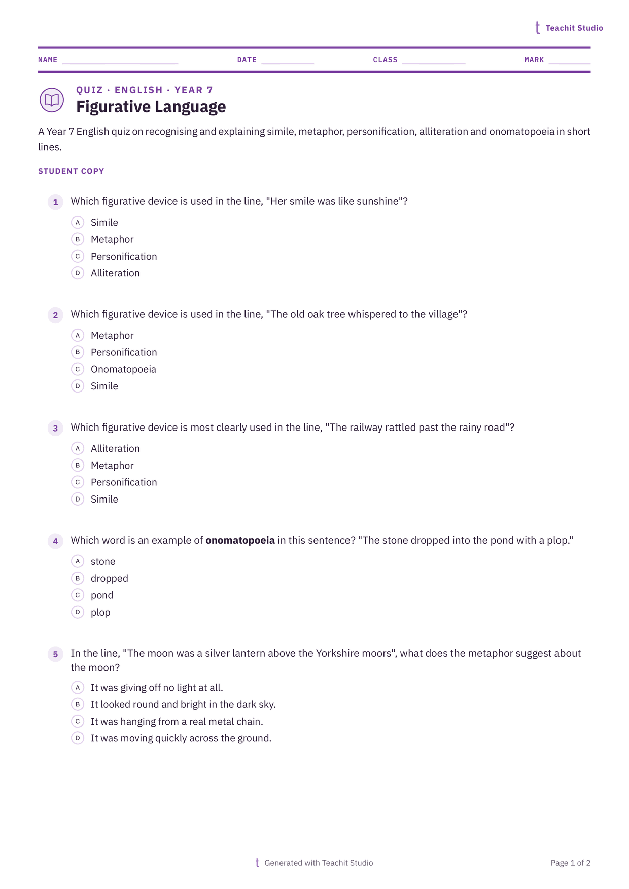Page one of a Year 7 figurative language quiz: a purple rule under name, date, class and mark, then five multiple-choice questions on simile, metaphor, personification and onomatopoeia, including lines set on the Yorkshire moors and by a rainy road.