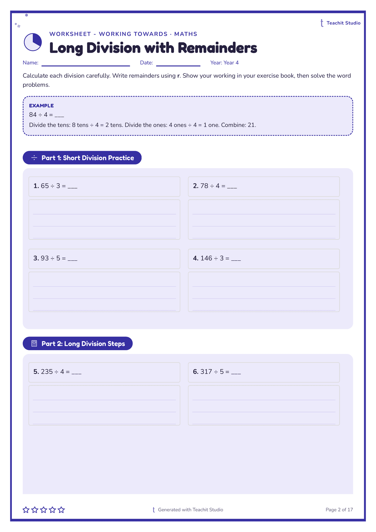 The first page of the working-towards level of the Year 4 set: the same indigo frame and layout as the on-grade sheet, but single-digit divisors throughout and a worked example dividing 84 by 4 one step at a time.