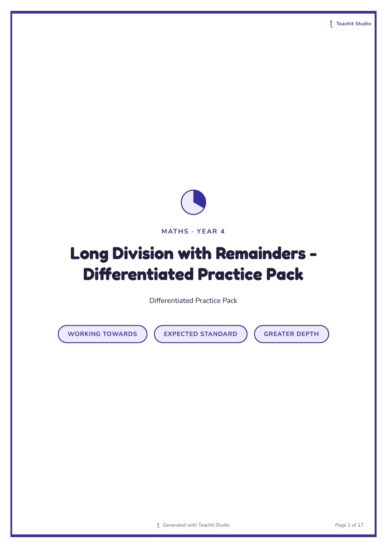 The cover of a Year 4 long division with remainders practice pack: the title centred under a small indigo clock-wedge mark, above three pills reading Working towards, Expected standard and Greater depth.
