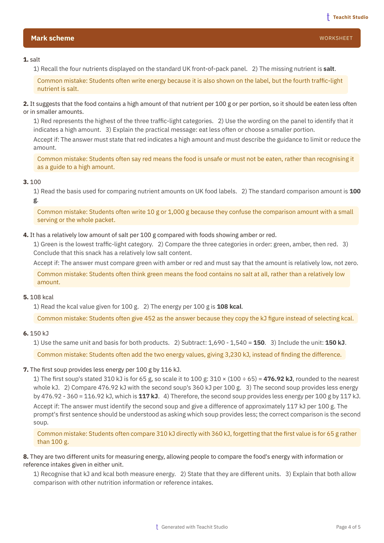 The mark scheme of the Year 10 worksheet, under a solid rust Mark scheme banner. Each answer includes its working, including one comparing two soups' energy per 100 grams in kilojoules, and a Common mistake note naming the slip pupils make.