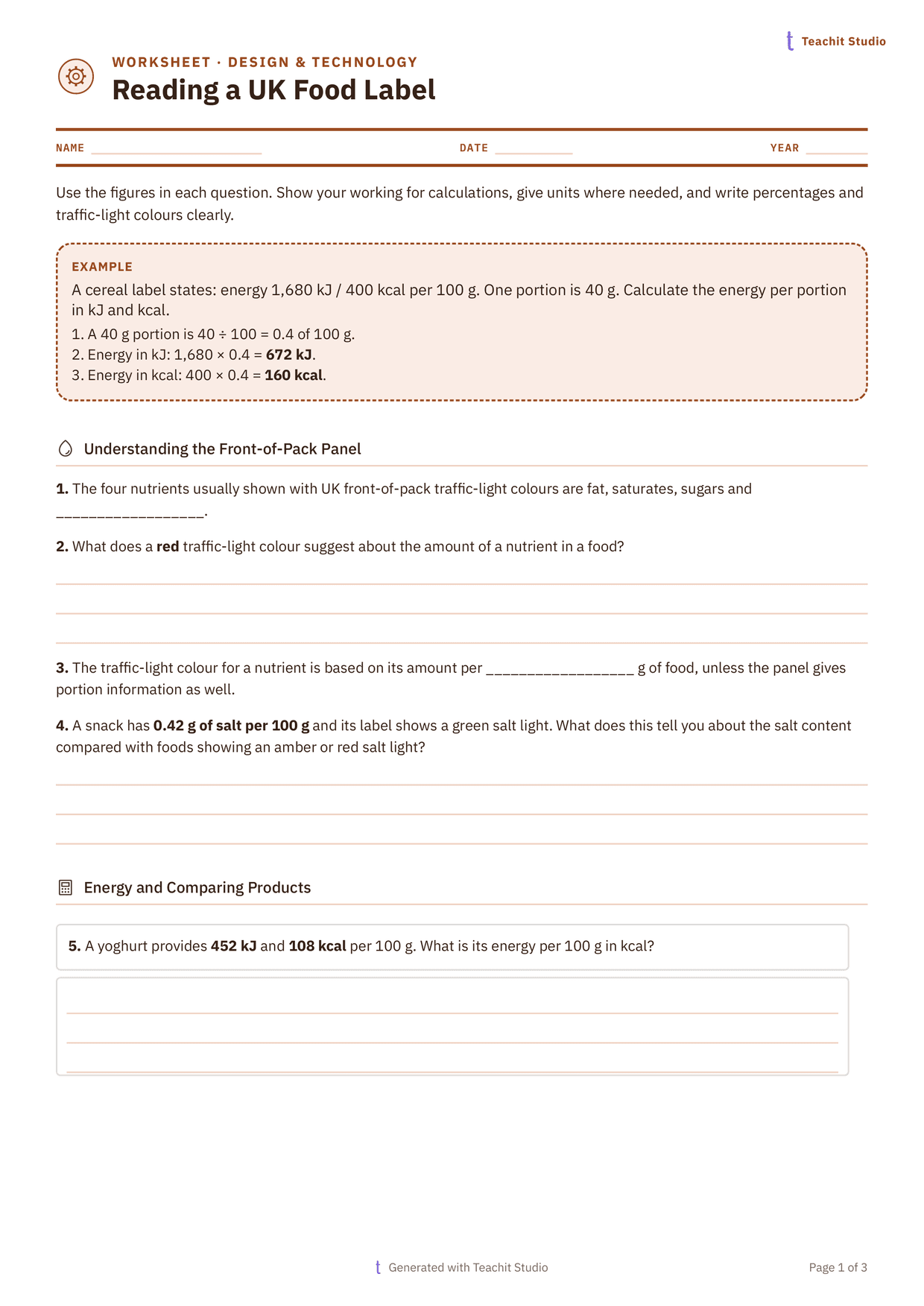 Page one of a Year 10 design and technology worksheet on reading a UK food label. No page frame at all: a rust rule under the title, a worked example converting a cereal's energy from kilojoules to kilocalories per portion, then questions on the front-of-pack traffic-light panel and its salt, sugar and fat colours.