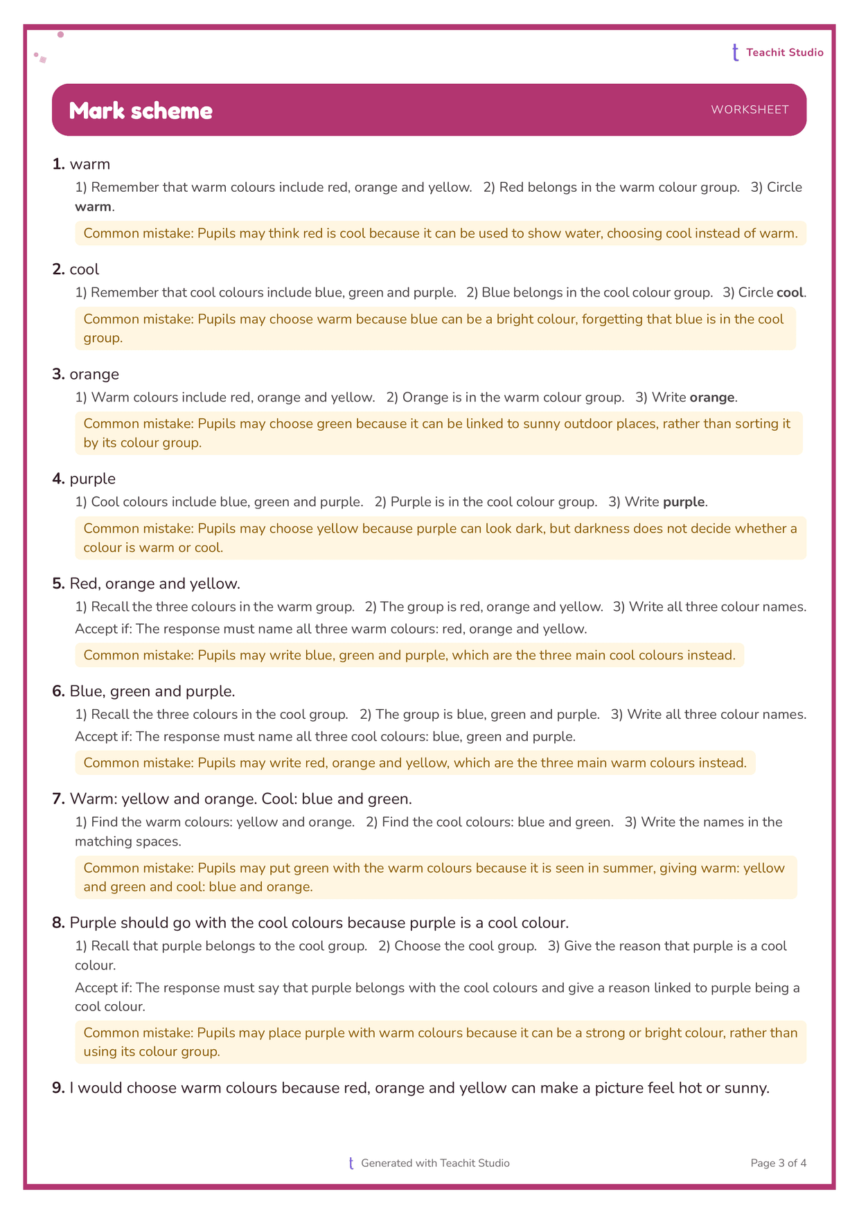 The mark scheme of the Year 2 art and design worksheet, under a solid pink Mark scheme banner. Each answer is a single colour word, followed by a step-by-step explanation for young pupils and an amber Common mistake note naming the mix-up they tend to make.