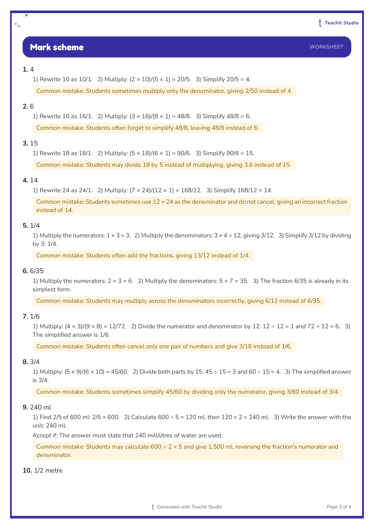 The mark scheme of the Year 5 worksheet, under an indigo Mark scheme banner. Each answer is followed by numbered working and a Common mistake note, including one for a word problem that answers in millilitres and warns against reversing the fraction.