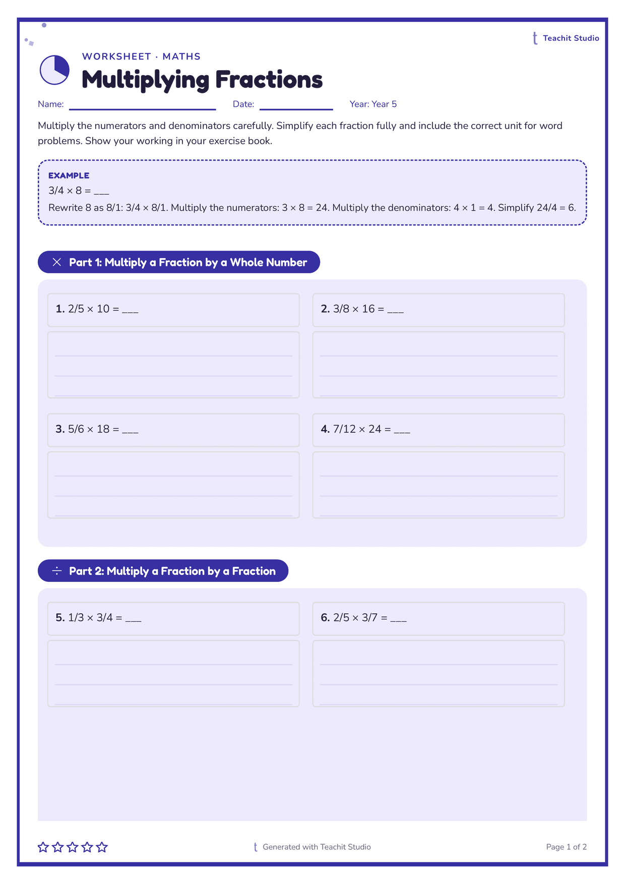 Page one of a Year 5 multiplying-fractions worksheet: an indigo frame, a worked example in a dashed box, and six problems in a two-column grid with ruled answer boxes.