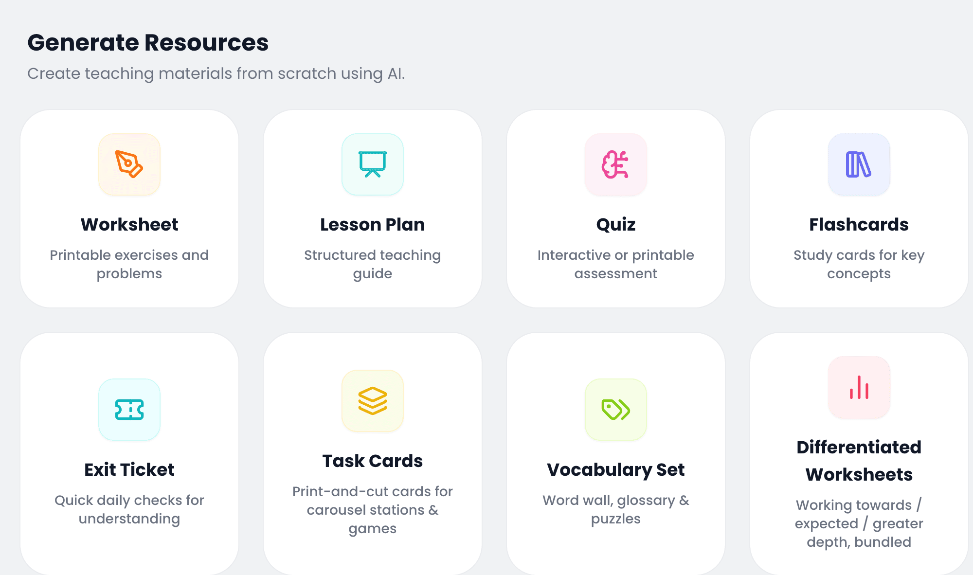 The Studio create screen, showing the eight resource types a teacher can generate: worksheet, lesson plan, quiz, flashcards, exit ticket, task cards, vocabulary set and differentiated worksheets.