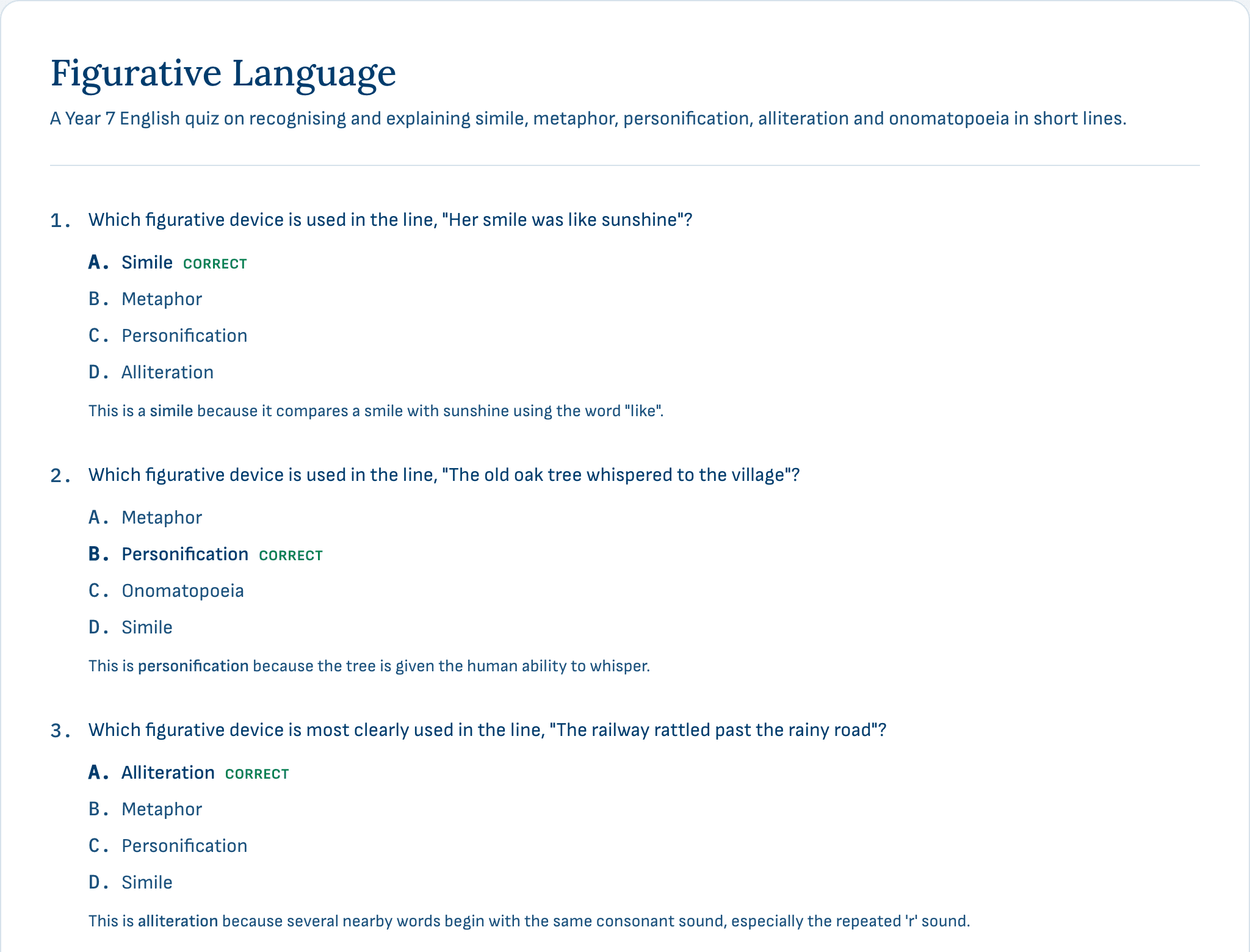 The top of a generated Year 7 quiz on figurative language, with the correct option marked on each question and a short explanation of why it is right.