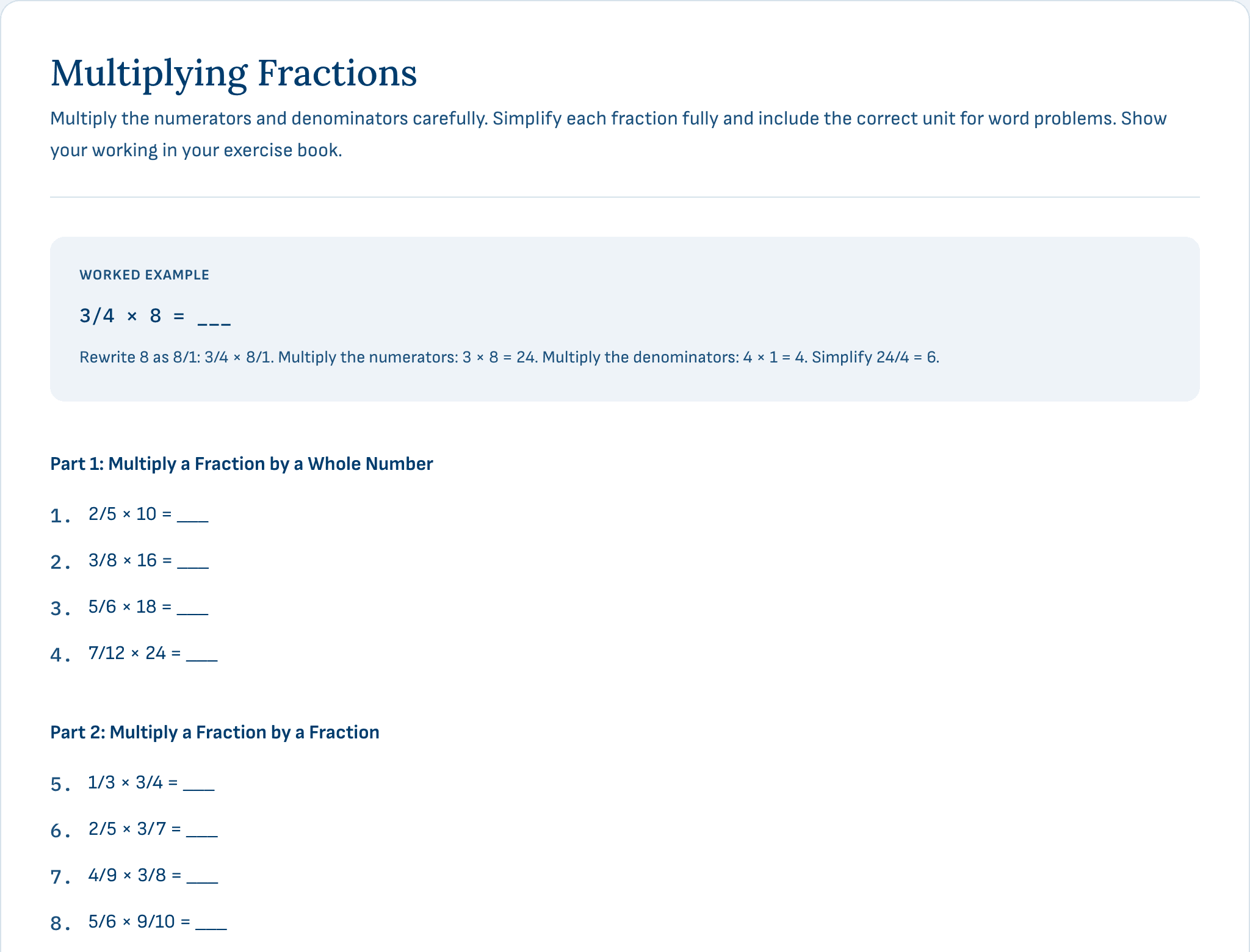 The top of a generated Year 5 worksheet on multiplying fractions: a worked example showing all three steps, then the first section of practice questions.